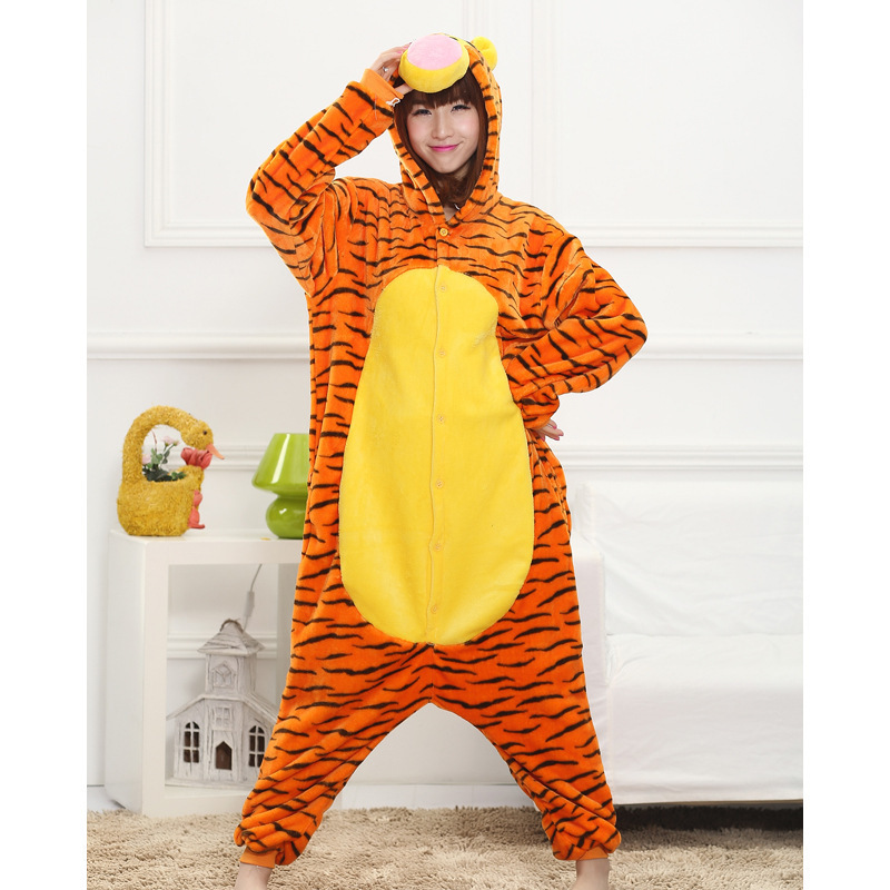 Orange-and-black striped 3D Tigger Kigurumi Onesie with a raised character hood, pink nose and yellow front panel