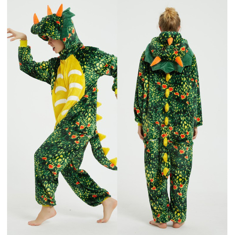 Front and back views of a dark-green Triceratops Kigurumi Onesie with orange horns, a yellow belly panel and a long tail