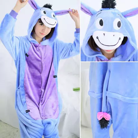 Blue-and-purple Eeyore Kigurumi Onesie with long ears, a character hood and a tail with a pink bow