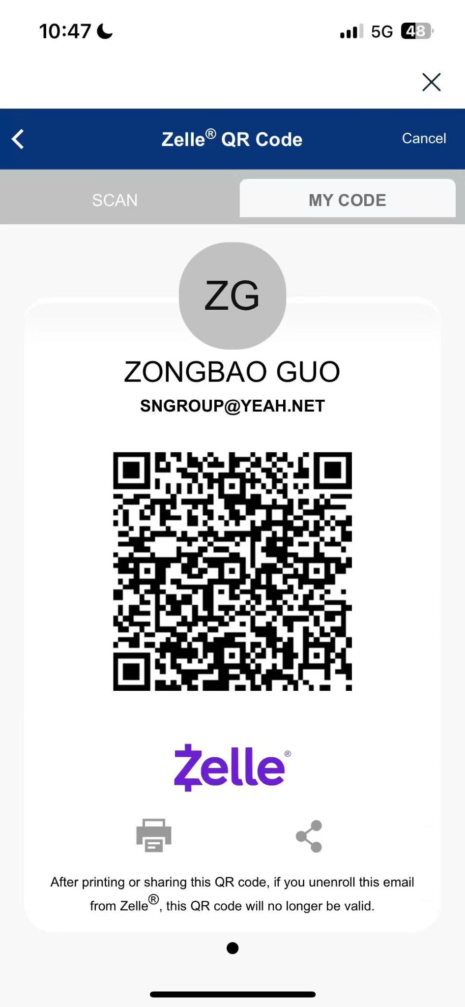 Zelle receiving QR code for ZONGBAO GUO, sngroup@yeah.net