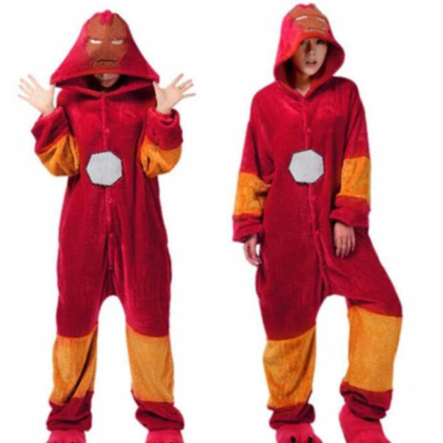 Two models wearing red-and-gold Ironman hooded Kigurumi Onesies