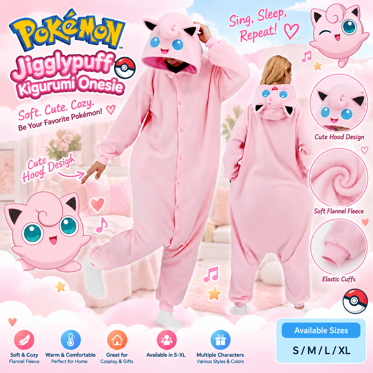 Pink Jigglypuff onesie, front and back views