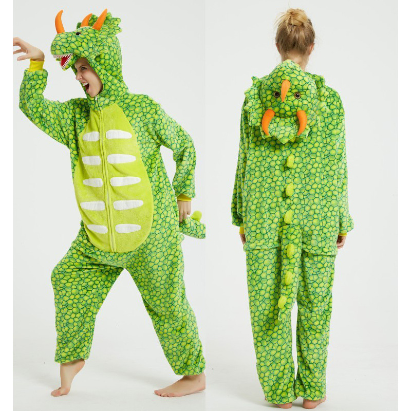 Front and back views of a light-green Triceratops Kigurumi Onesie with orange horns, a lime belly panel and a long tail