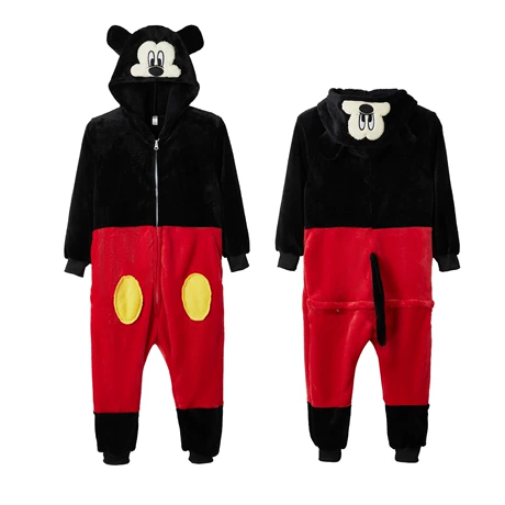 Front and back views of a black-and-red Mickey Mouse Kigurumi Onesie with round ears, yellow button details and a black tail