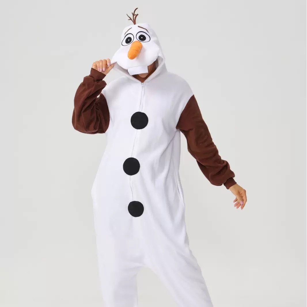 White Olaf snowman kigurumi onesie with brown sleeves and orange nose
