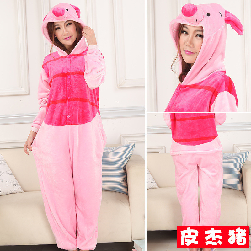 Pink Piglet Kigurumi Onesie with a character hood, floppy ears, a striped dark-pink front panel and button closure