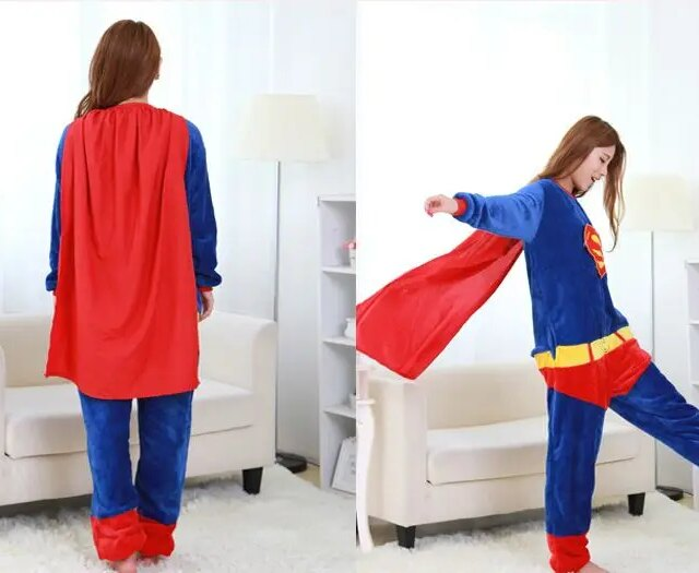 Front and back views of a blue Superman Kigurumi Onesie with a red cape