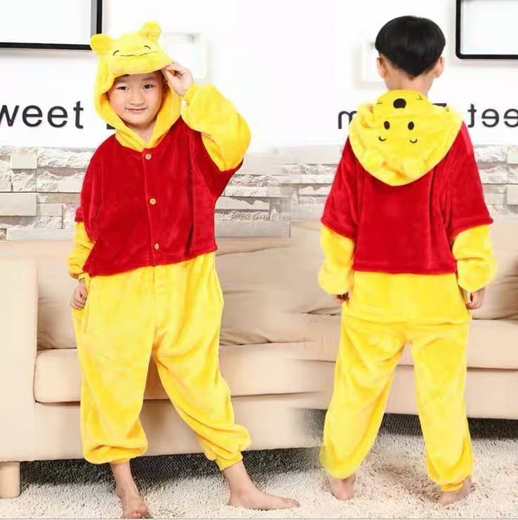 Front and back views of a child wearing a yellow-and-red Winnie The Pooh Bear Kigurumi Onesie